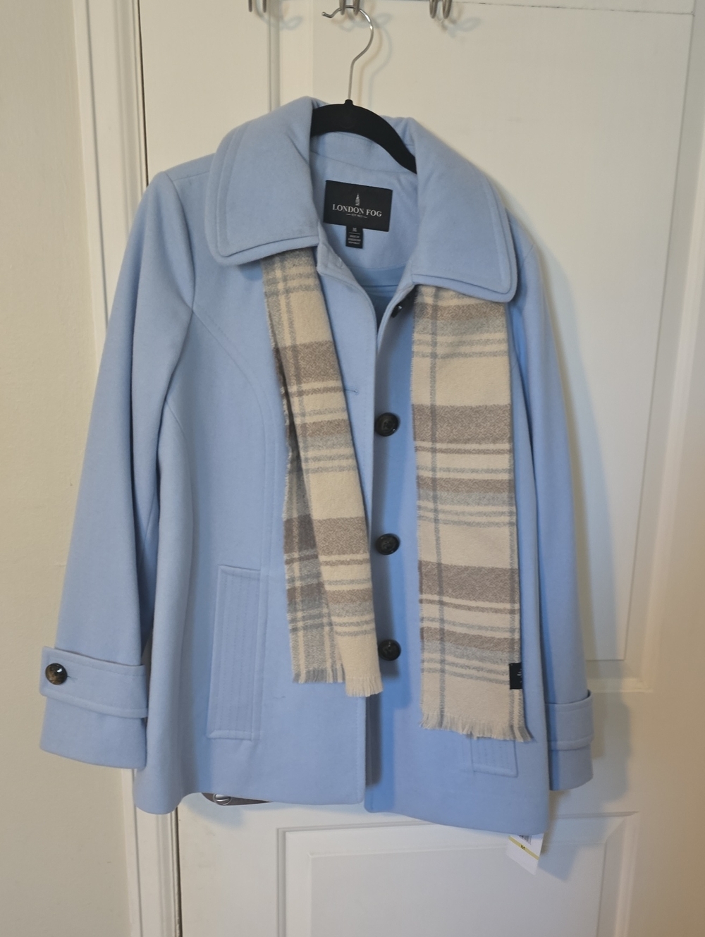 London Fog Pale Blue Wool-Blend Pea Coat with Attached Plaid Scarf